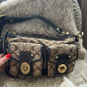 Coach Brown and Gold Shoulder Bag with Monogram Pattern